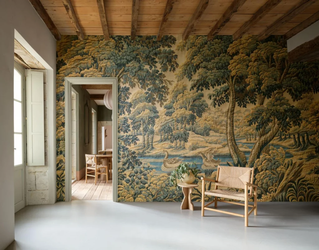 Arte Bucolique: waldlandschaft in gedeckten Grün- und Ockertönen neben einer Tür und einer Sitzbank.
