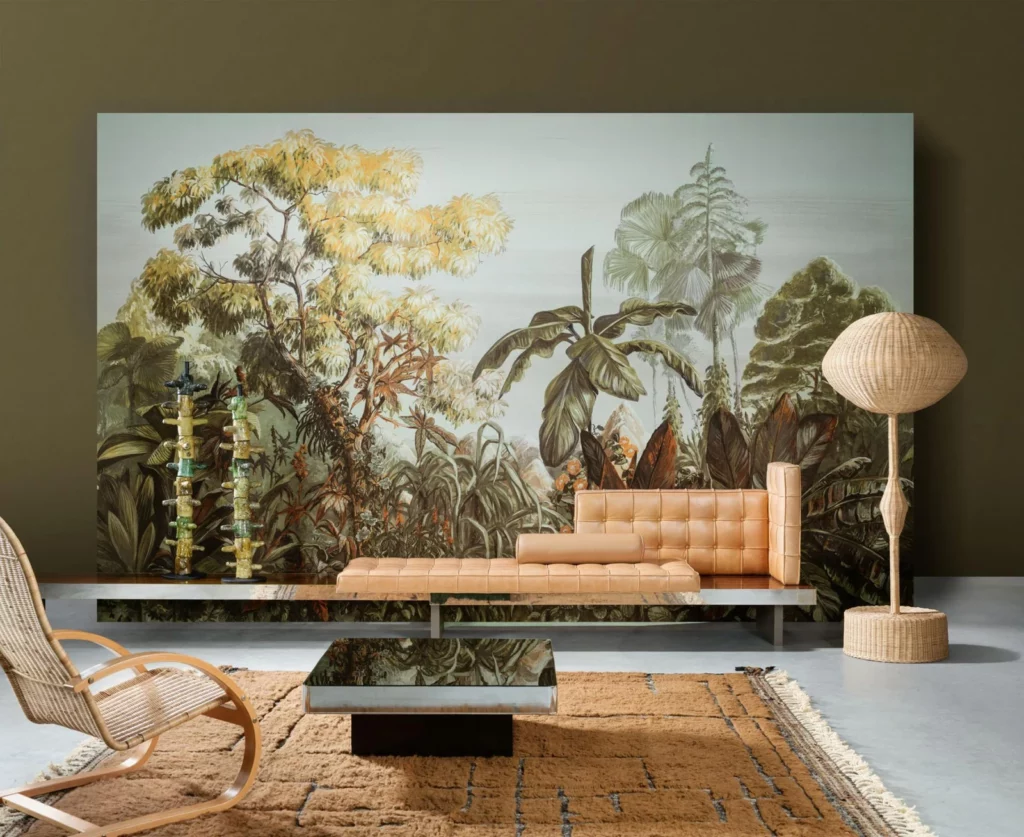 Arte Paradisiac: naturpanorama mit Bäumen und Palmen hinter einer niedrigen Sitzbank und einem Glastisch.