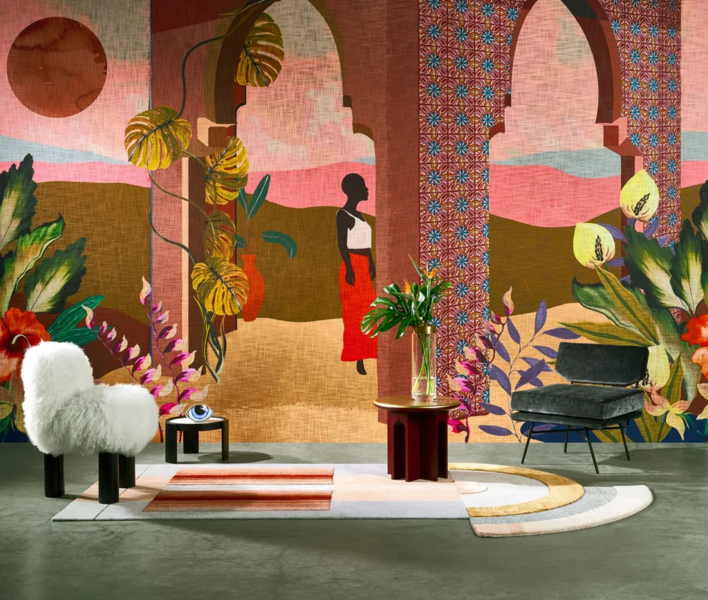 Arte Les Mystères de Madagascar: farbenfrohe tropische Szenerie mit rosa Bögen und großen Pflanzenformen.