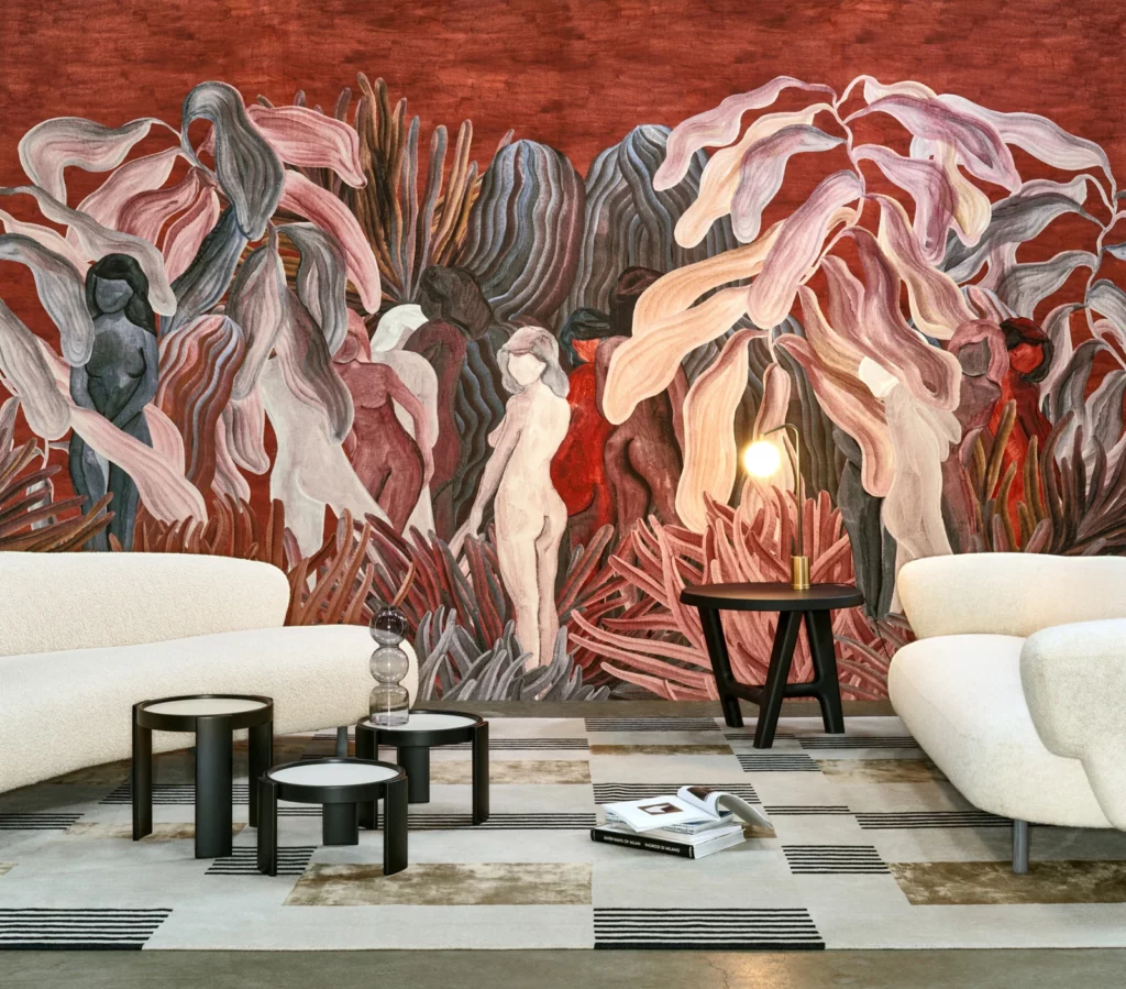 Arte Secret Silhouettes: großes abstraktes Wandbild mit hellen Silhouetten in Rosa-, Rot- und Grüntönen.
