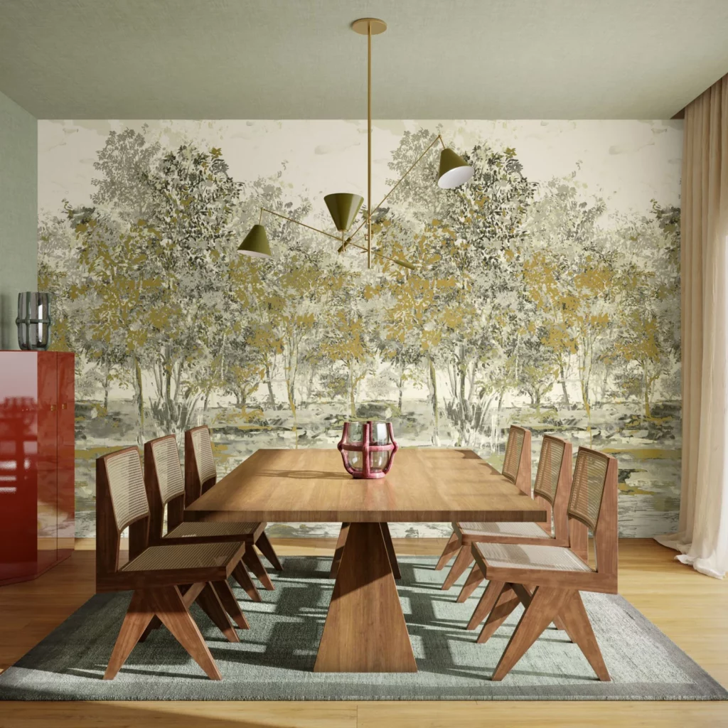 Arte Sherwood: lichter Wald in Grün- und Naturtönen hinter einer großen hölzernen Essgruppe.