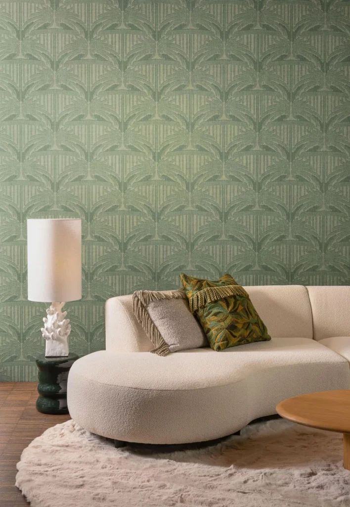 Arte Agra: grünes stilisiertes Blumenmuster hinter einem geschwungenen weißen Sofa.