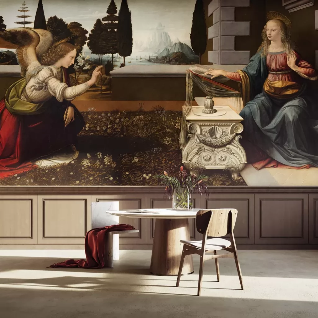 Annunciazione von Tecnografica: darstellung der Verkündigung von Leonardo da Vinci als Wandmotiv über einer dunklen Wandvertäfelung.