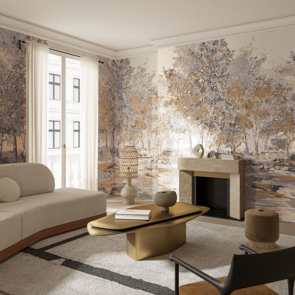 Arte Sherwood: helles Waldpanorama in warmen Brauntönen hinter einem Sofa neben einem Kamin.