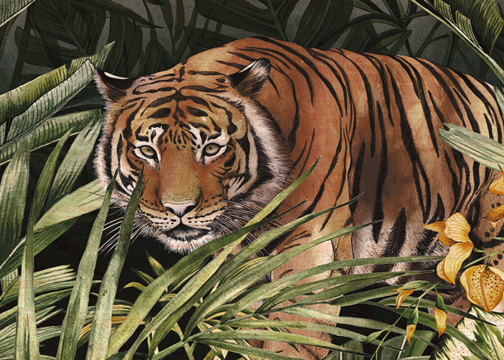 Arte Silk Road Garden: detail des tropischen Landschaftsmotivs mit einem Tiger zwischen grünen Blättern.