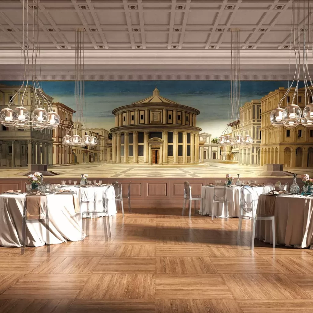 Città Ideale von Tecnografica: italienische Idealstadt mit zentralem Rundbau als großflächiges Wandmotiv im Speisesaal.