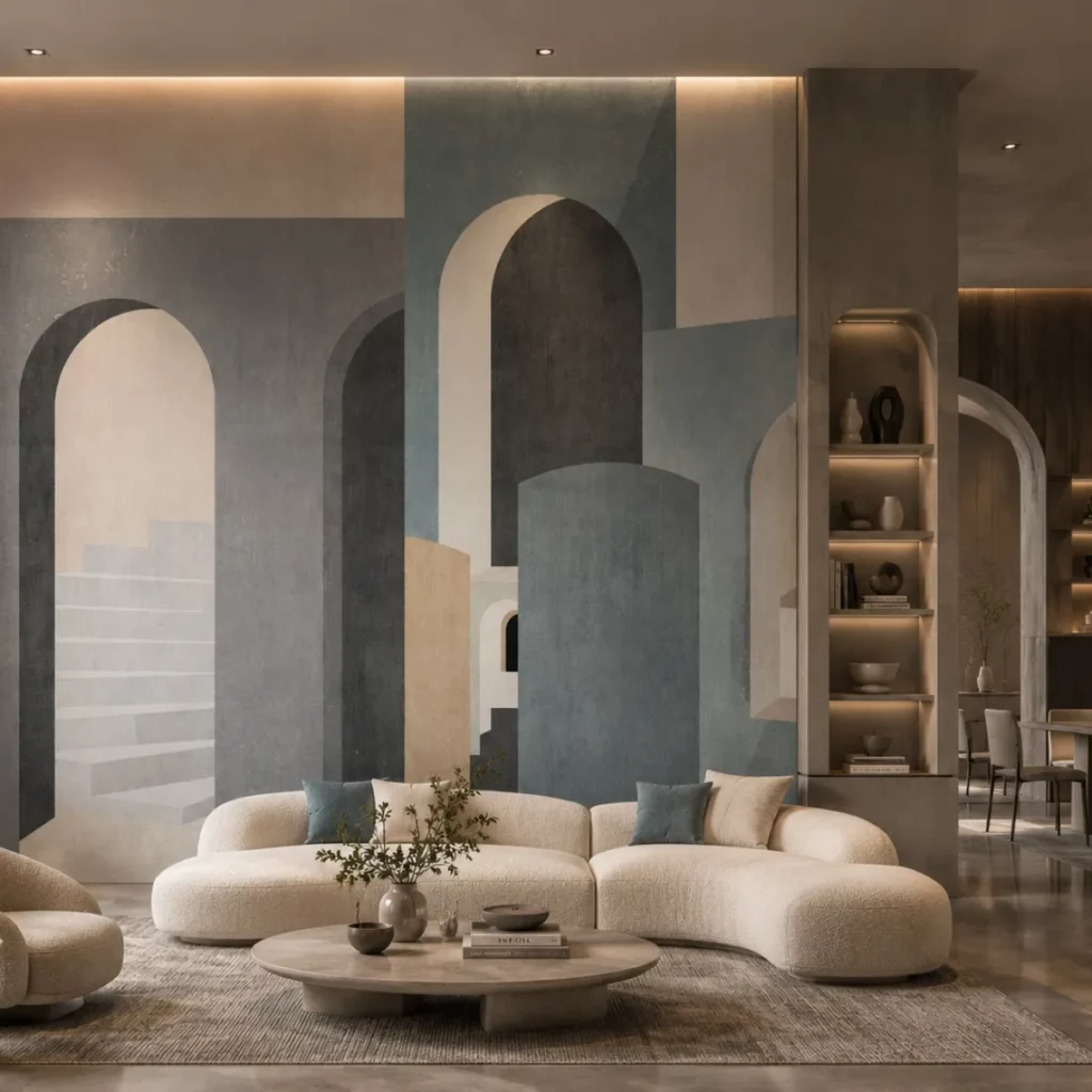 Eleanor von Tecnografica: große architektonische Bögen in Blau, Grau und Beige hinter einer hellen Sitzgruppe.