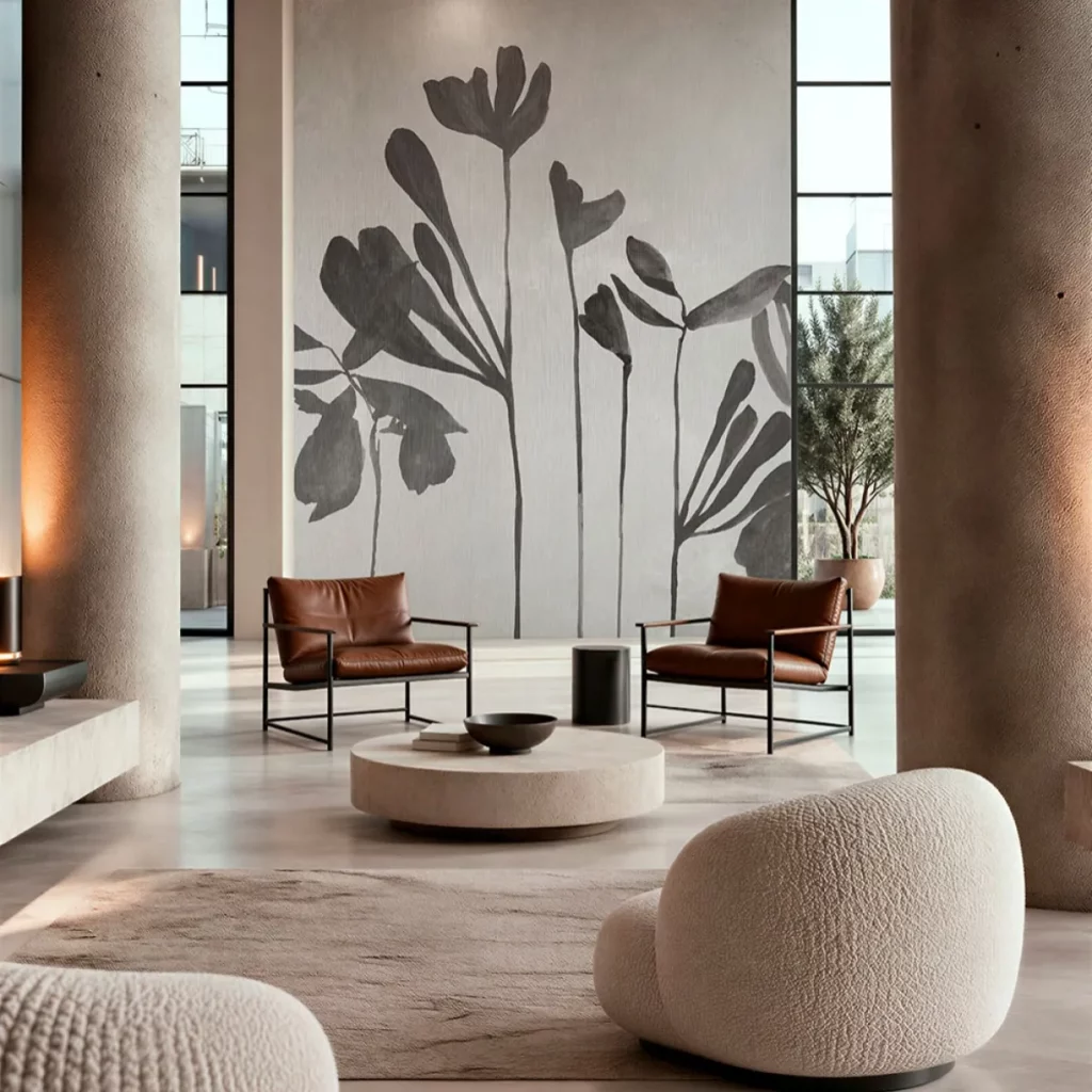 Fleurs von Tecnografica: große dunkle Blumensilhouetten auf hellem Grund in einem hohen Wohnraum.