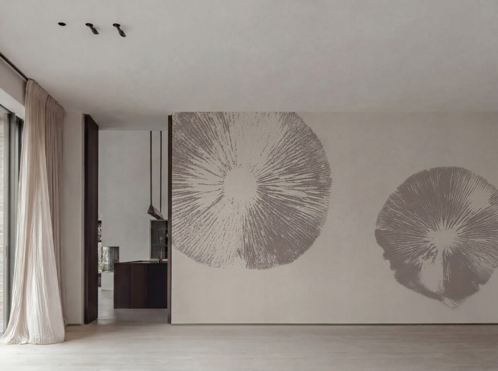 Tapete Mycelia mit zwei großen kreisförmigen Pilzlamellen-Motiven in Grautönen auf einer hellen Wohnraumwand.