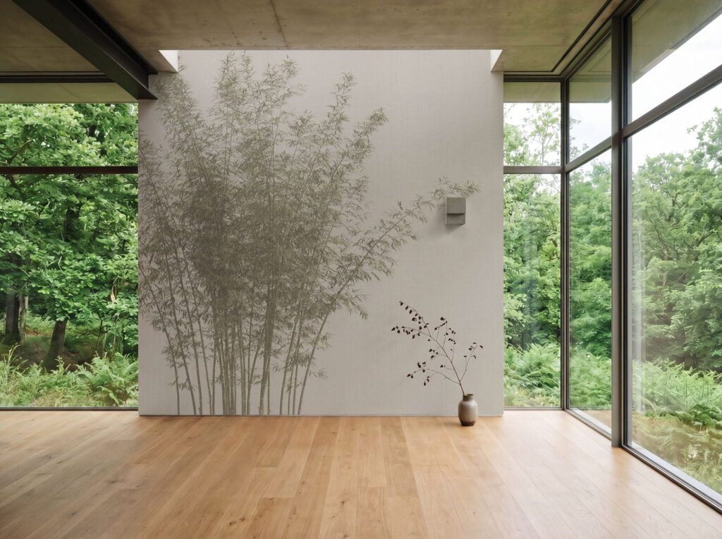 Tapete Zhuzi mit einem hohen zarten Bambusmotiv an einer hellen Wand zwischen bodentiefen Fenstern und einem warmen Holzboden.