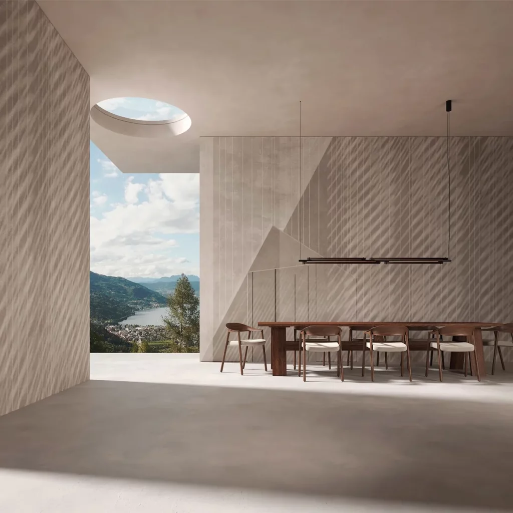 Luminfold von Tecnografica: feine diagonale Linien auf einer beige gehaltenen Wand im Essbereich.