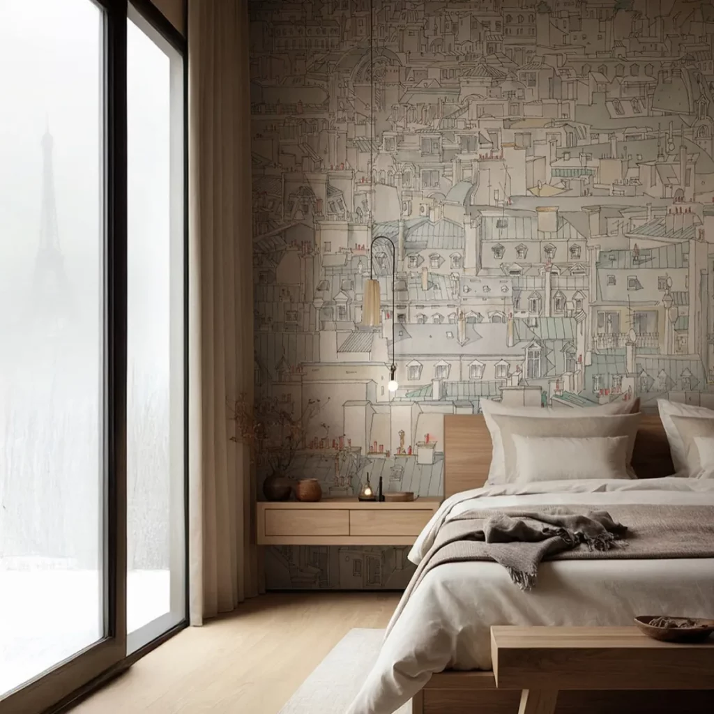 Paris von Tecnografica: feine Stadtskizze in gedeckten Farben an der Wand hinter einem Bett.