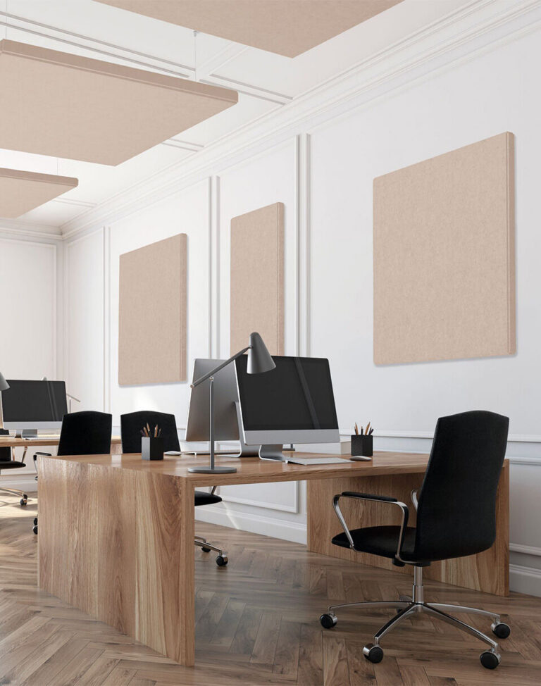 Texdecor SLIMBOX MURAL: beige Akustikpaneele an den Wänden eines Büroraums