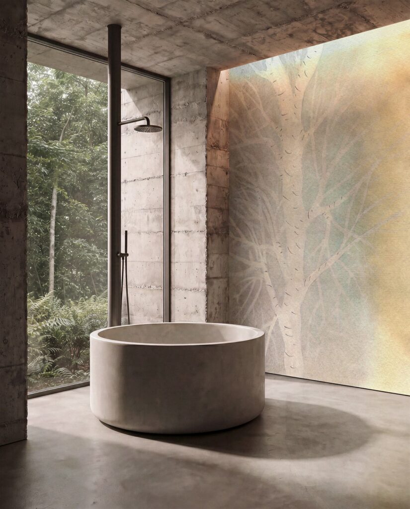 Arboralis von Wall&decò: großes zartes Blattmotiv in warmen Naturtönen hinter einer runden Badewanne.