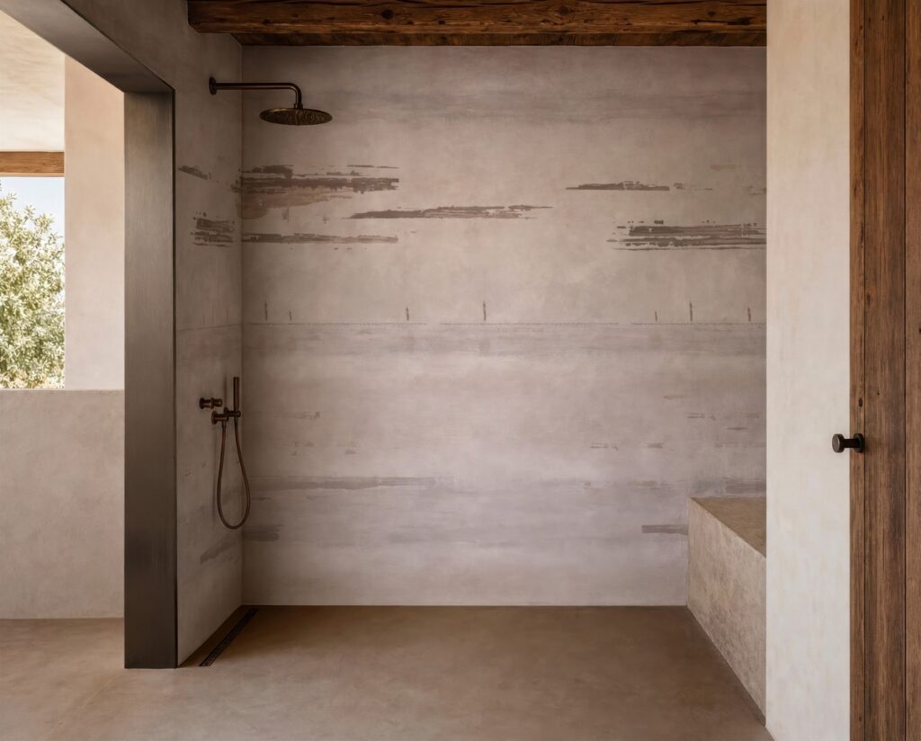 Deauville von Wall&decò: ruhiges horizontales Wandmotiv in Grau und Beige in einer offenen Dusche.