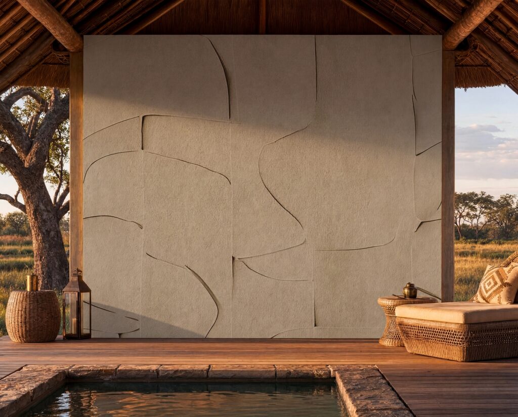 Lodge von Wall&decò: großes ruhiges Motiv mit unregelmäßigen reliefartig wirkenden Linien hinter einer überdachten Terrasse.