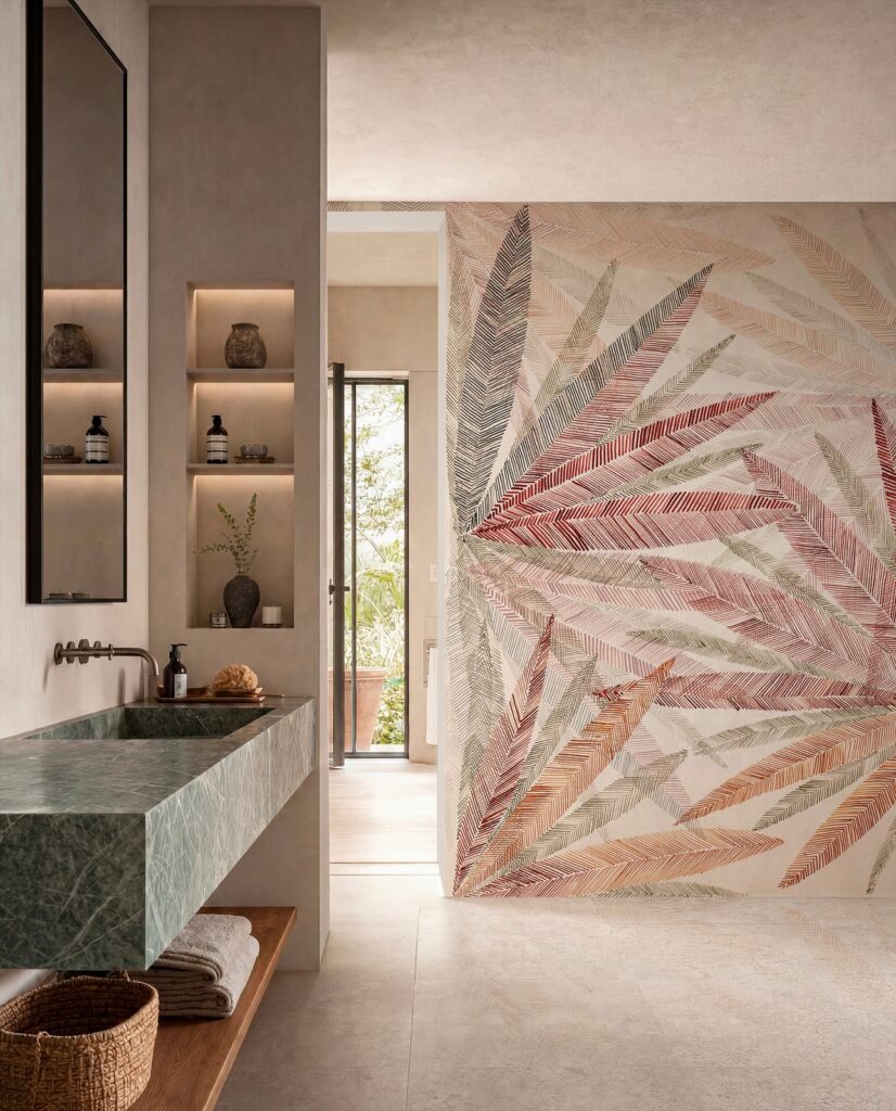 Pholia von Wall&decò: fächerartig angeordnete lange Blätter in gedecktem Rosé, Grün und Beige an einer Badezimmerwand.