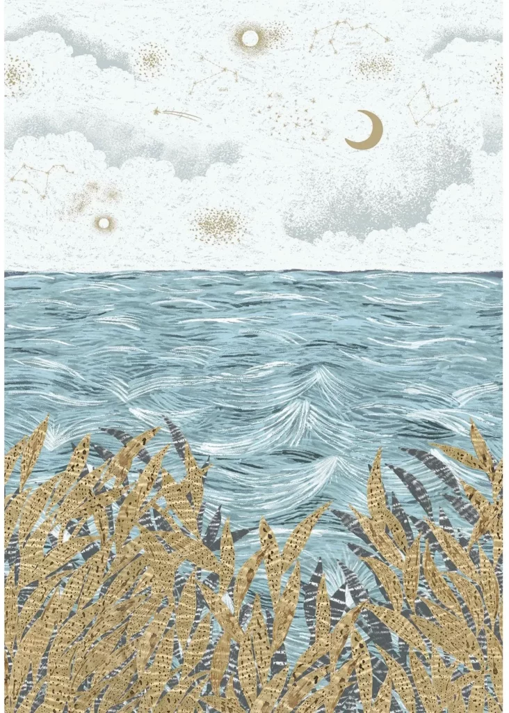 Callisto von Casamance mit blaugrünen Meereswellen, goldfarbenen Gräsern sowie Mond und Sternen am Himmel.