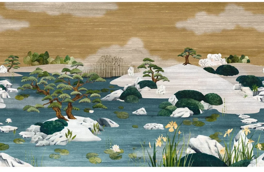 Adachi von Casamance mit einer japanisch anmutenden Gartenlandschaft aus Wasser, Felsen und Bäumen.