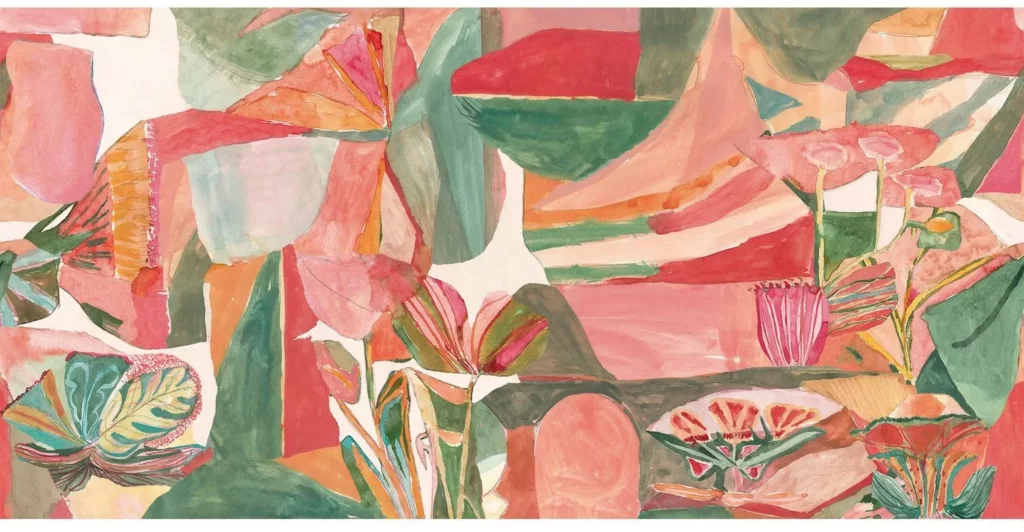 Jardin dansé von Casamance mit einer frei gemalten Pflanzenkomposition in Rosa, Rot, Grün und Orange.