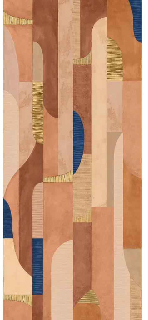 Murmures du Mistral von Casamance mit senkrechten Flächen in Terrakotta und Beige sowie blauen und goldfarbenen Akzenten.