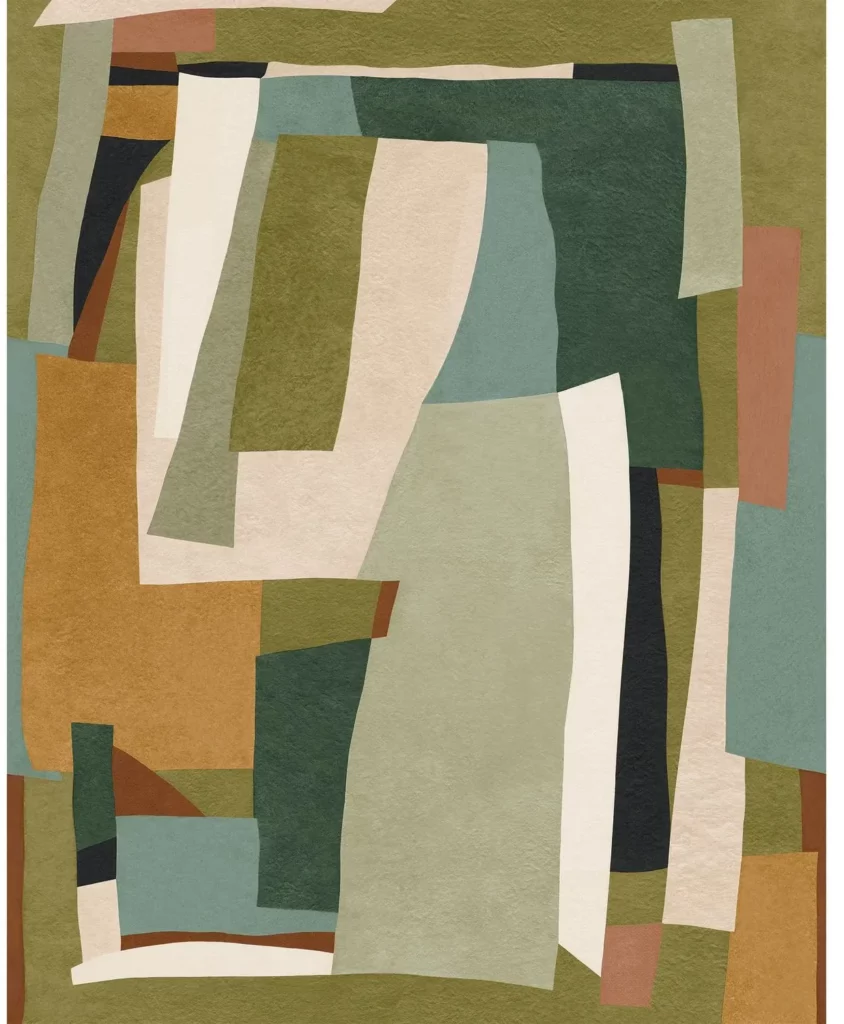 Vernissage von Casamance mit überlagerten geometrischen Farbflächen in Grün, Creme, Ocker und Schwarz.
