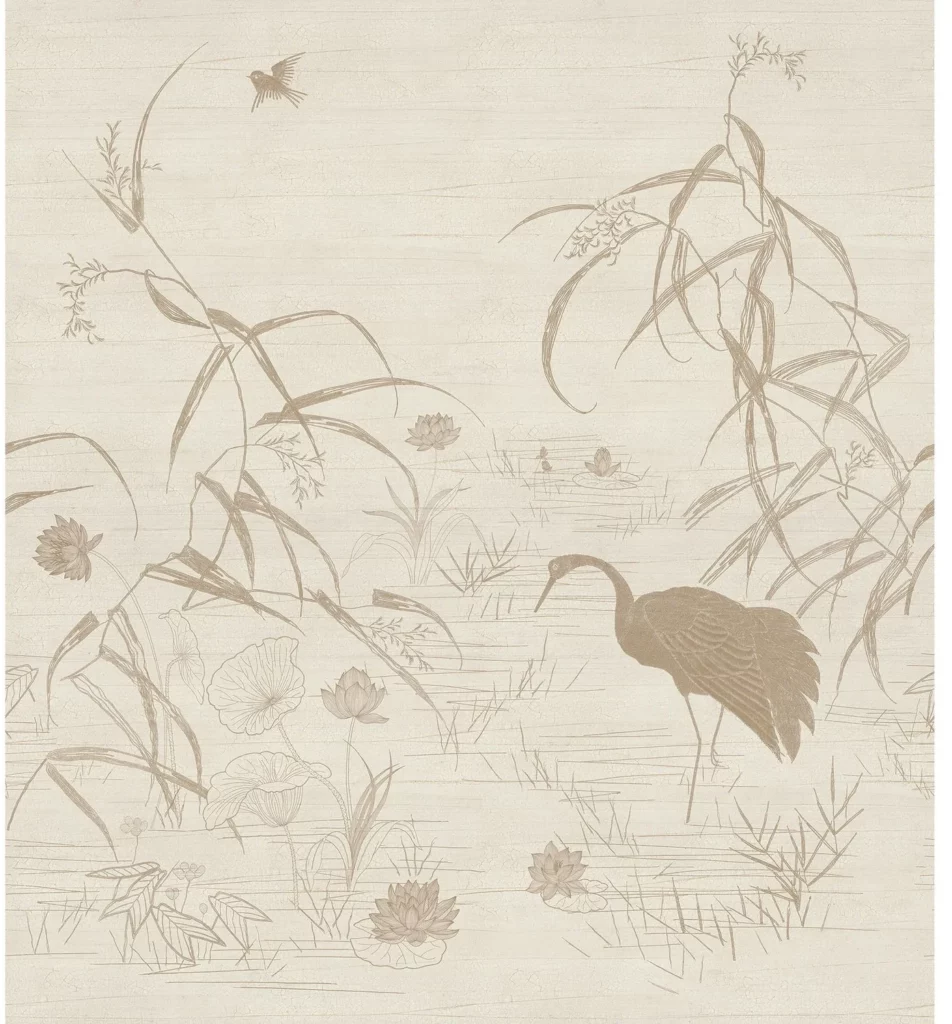 Nuido von Casamance mit einer feinen Zeichnung von Vögeln, Blüten und langen Gräsern in hellen Beigetönen.