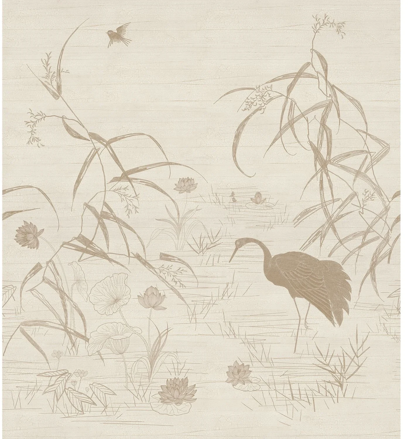 Nuido von Casamance mit einer feinen Zeichnung von Vögeln, Blüten und langen Gräsern in hellen Beigetönen.