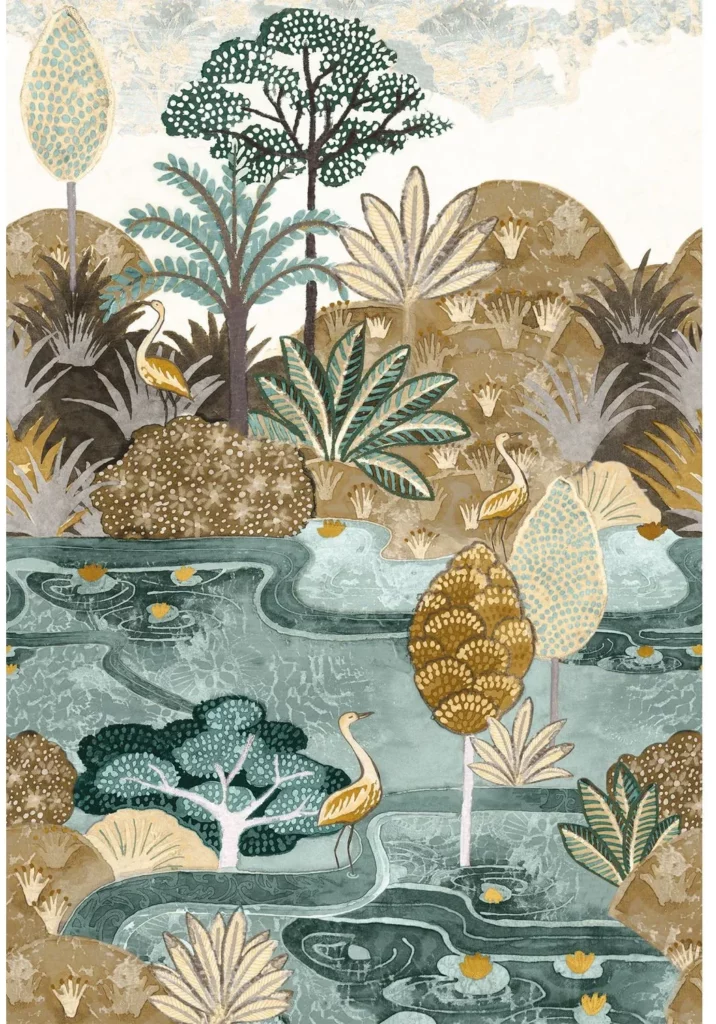 Aruba von Casamance mit einer stilisierten Lagune, tropischen Pflanzen und Vögeln in Grün- und Goldtönen.