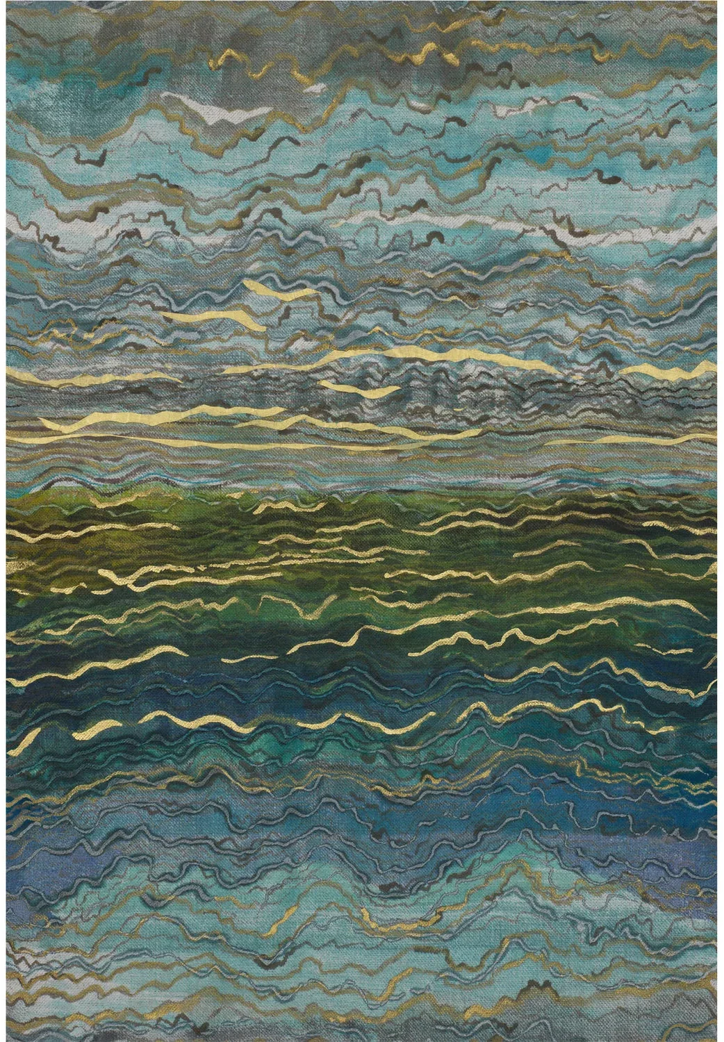 Wellenartige Linien in Blaugrün, Dunkelgrün und Goldtönen bilden das abstrakte Wandbild Azurite von Casamance.