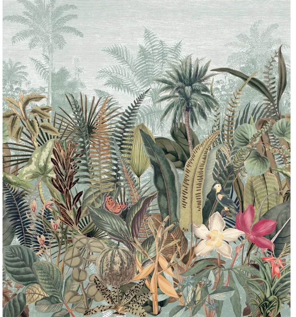 Daintree von Casamance mit dichtem tropischem Blattwerk, farbigen Blüten und Vögeln auf hellem Grund.