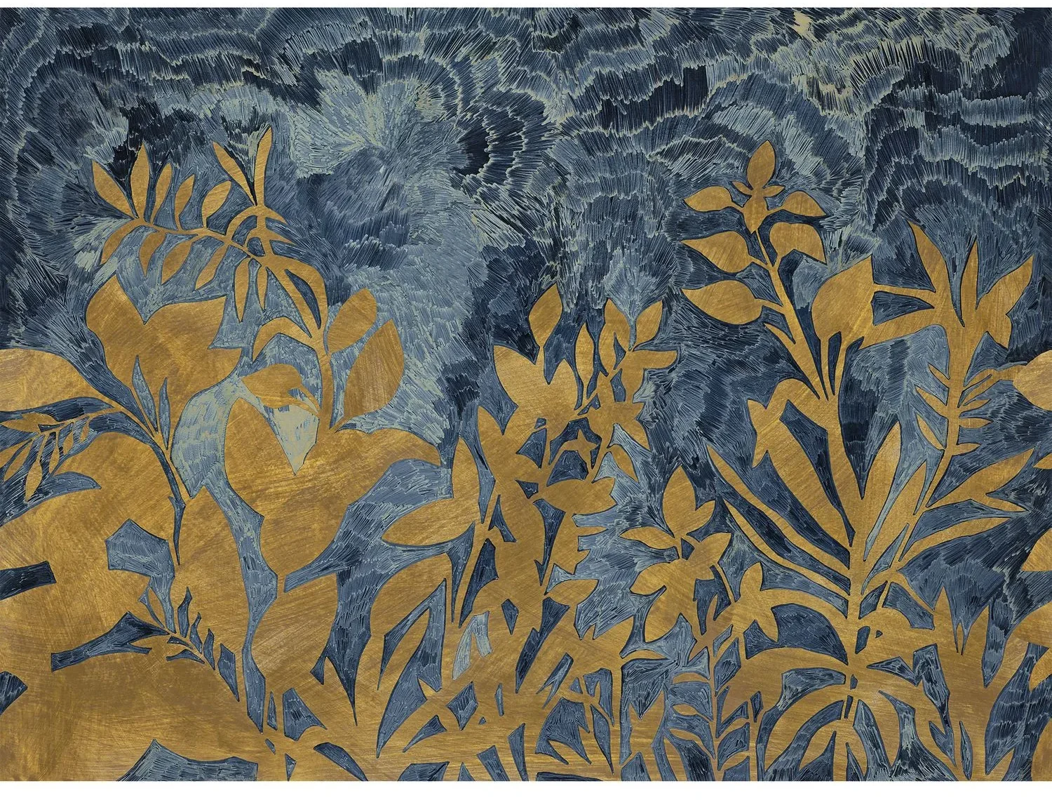 Fleur de Lune von Casamance zeigt goldfarbene Blätter vor einem dicht gezeichneten blaugrünen Hintergrund.
