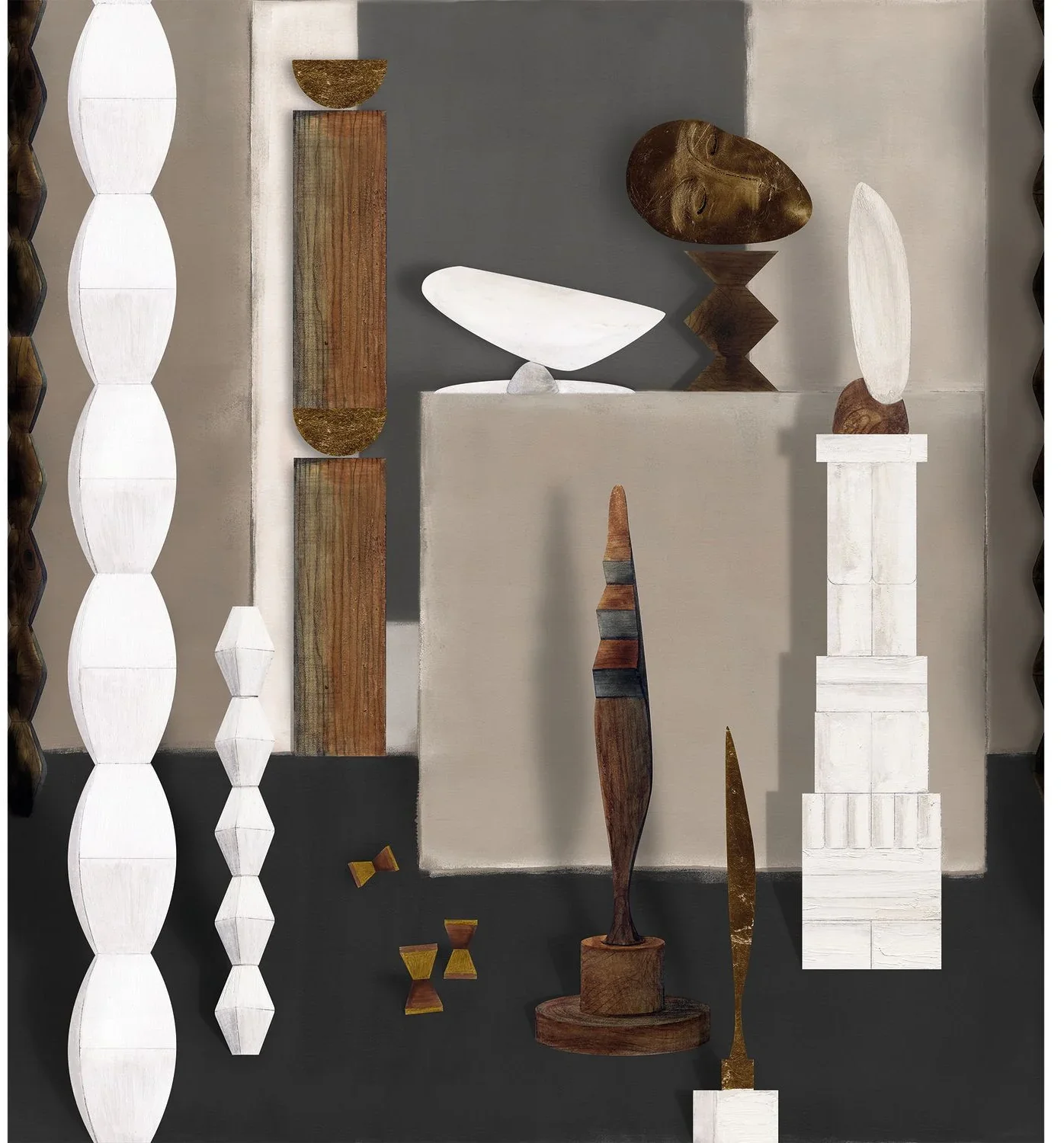 L’Atelier de Brancusi von Casamance mit abstrakten Skulpturen und Säulen in Weiß, Braun und Grau.