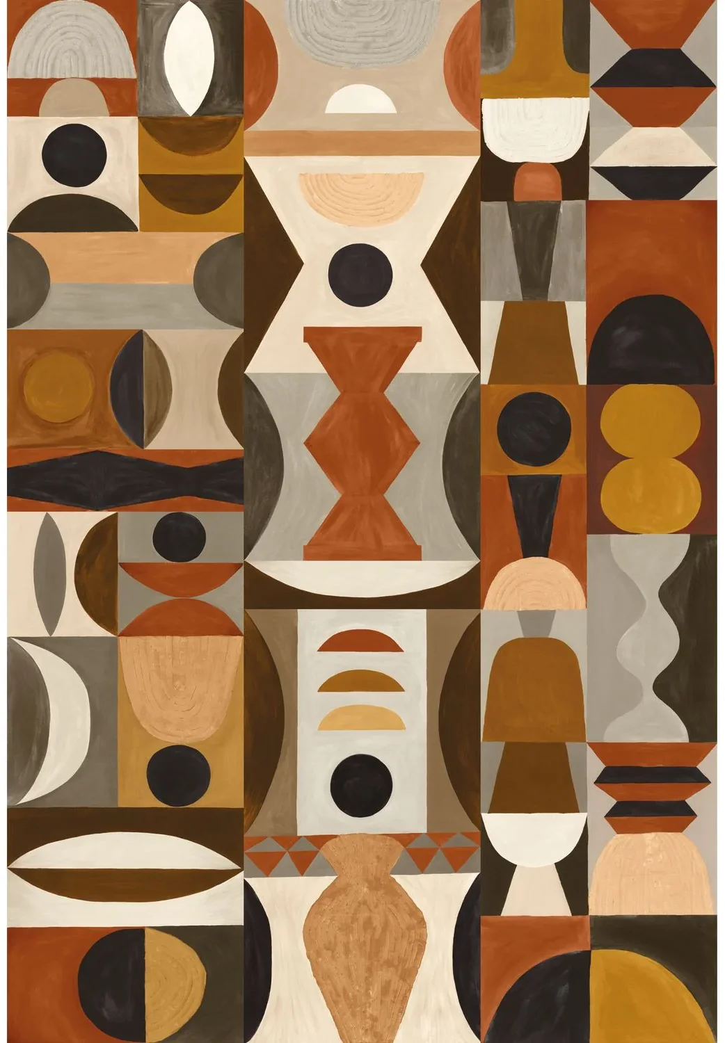 Modelage von Casamance mit geometrischen Formen in Ocker, Terrakotta, Braun, Schwarz und Creme.