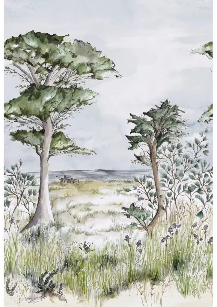 Pornic von Casamance zeigt schlanke Bäume und Gräser in einer hellen Küstenlandschaft.
