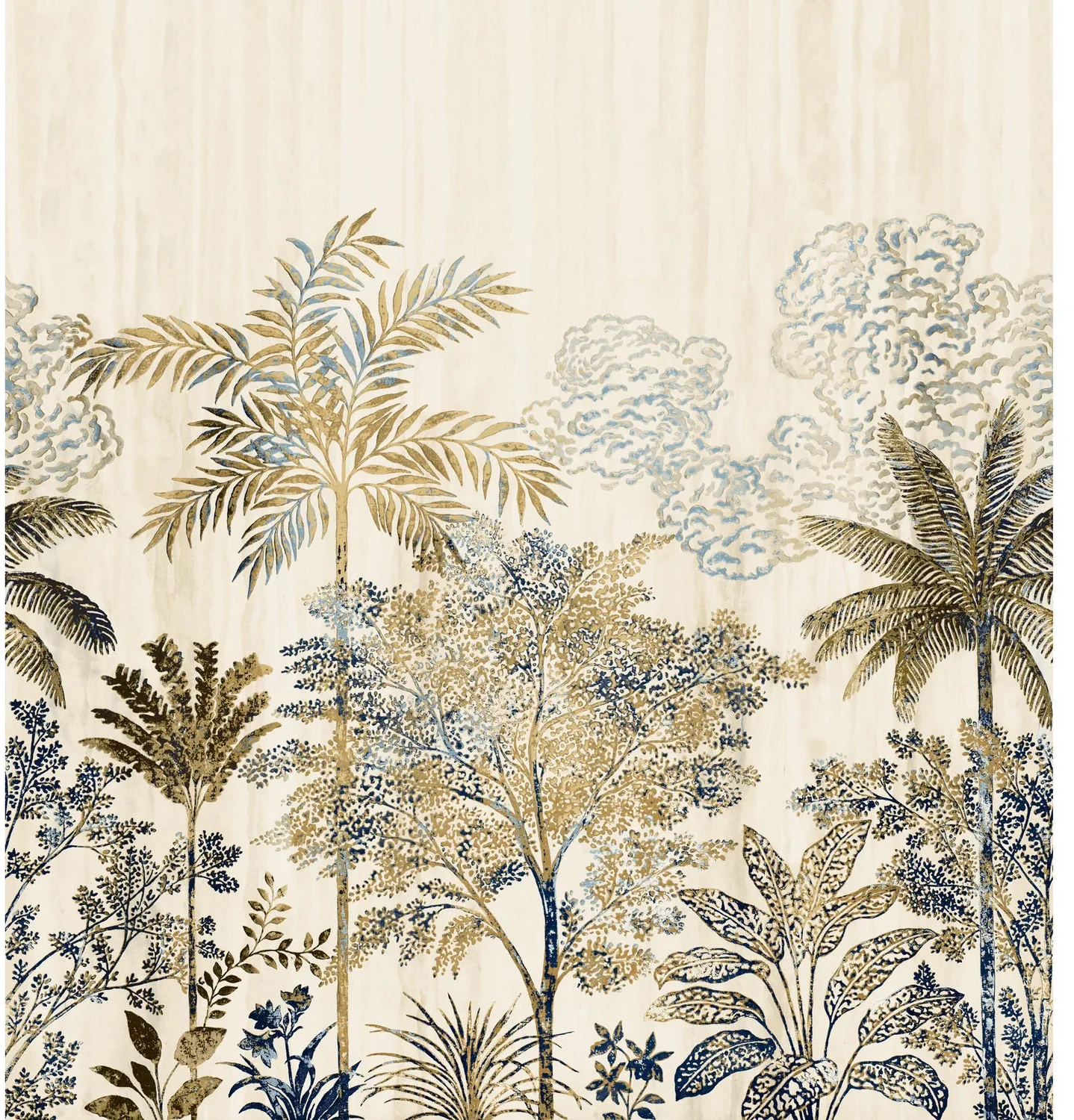 Siwa von Casamance zeigt fein gezeichnete Palmen und Bäume in Gold-, Blau- und Grüntönen auf hellem Grund.
