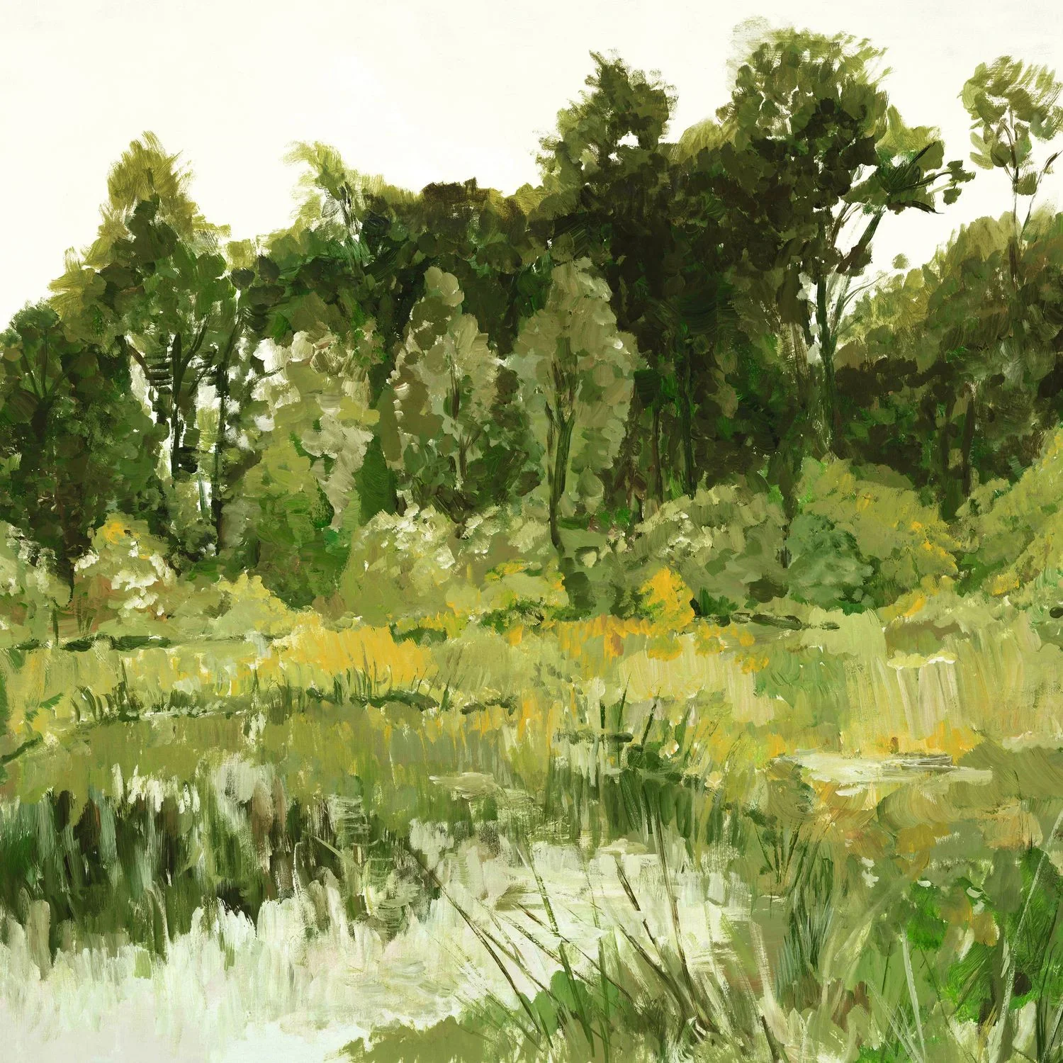 Colvert von Casamance zeigt eine malerische grüne Landschaft mit Bäumen, Gräsern und Wasser.