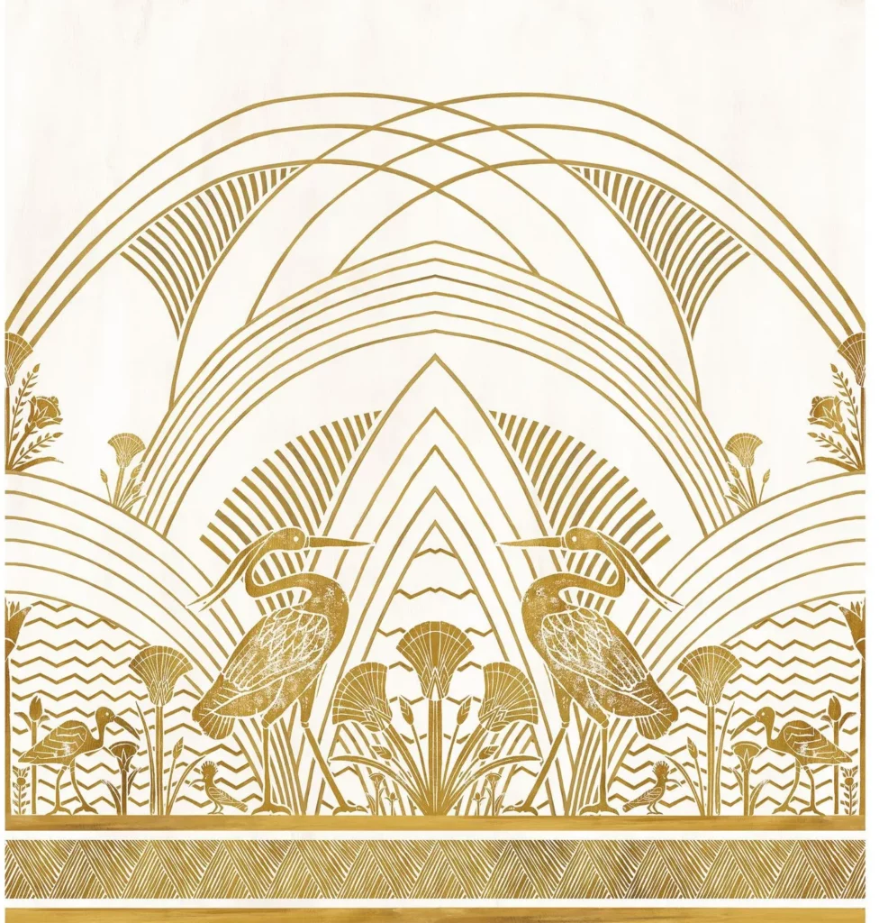 Éléphantine von Casamance zeigt goldfarbene Vögel, Pflanzen und bogenförmige Linien auf hellem Hintergrund.