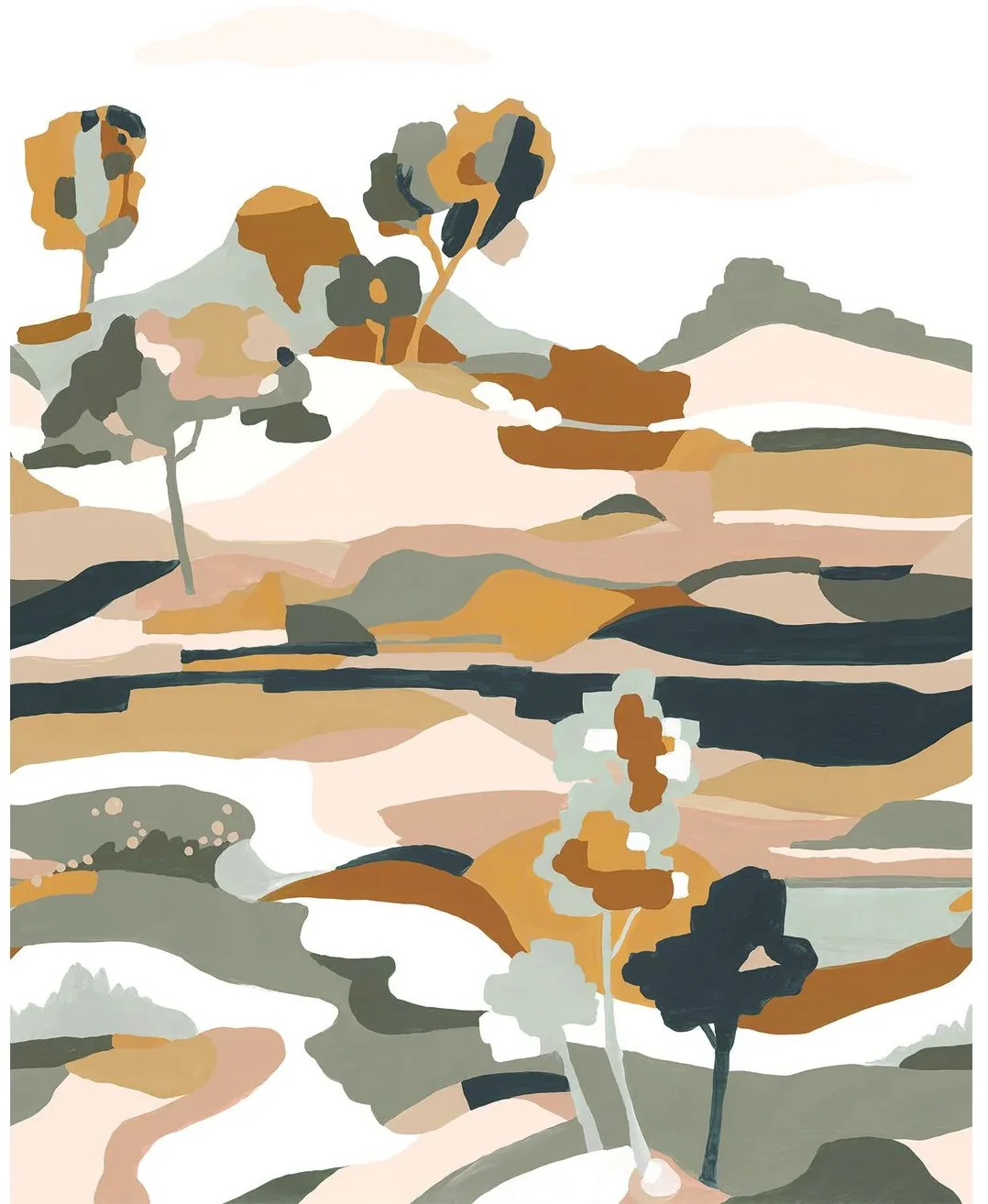 Le Bassin von Casamance mit einer abstrahierten Landschaft aus Bäumen und geschwungenen Farbflächen in ruhigen Naturtönen.