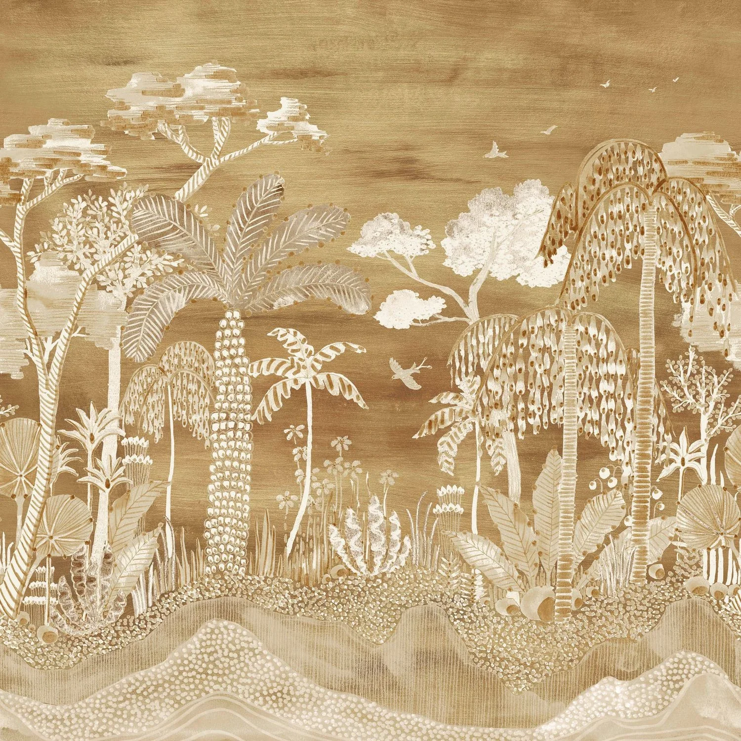 Nosara von Casamance mit einer feinen weißen Zeichnung tropischer Pflanzen vor goldbraunem Hintergrund.
