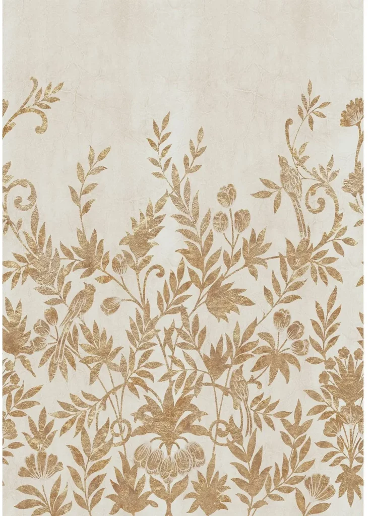 Jardin de Diane von Casamance mit goldfarbenen Blüten und geschwungenen Pflanzenranken auf cremeweißem Grund.