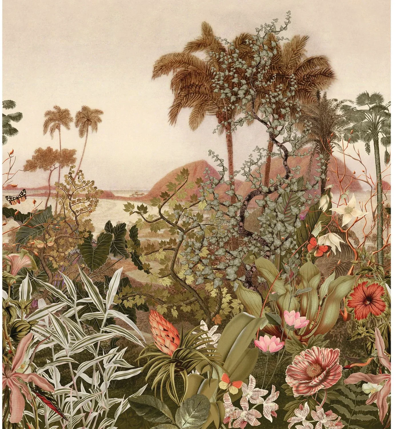 Kisama von Casamance mit tropischen Palmen, üppigem Blattwerk und farbigen Blüten vor einer warmen Landschaft.
