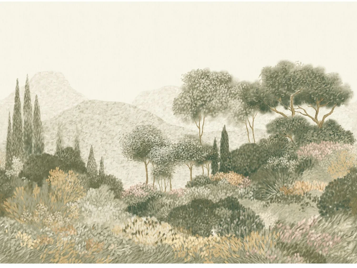 Maquis Corse von Casamance zeigt eine helle Hügellandschaft mit Bäumen, Sträuchern und Blüten.