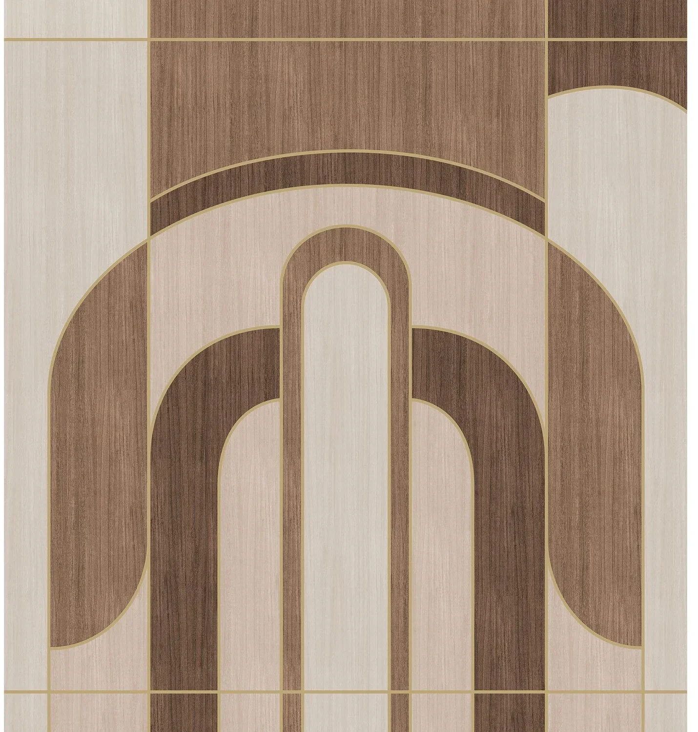 Alcôves von Casamance mit großen ineinandergreifenden Bögen in Braun und Beige sowie feinen goldfarbenen Linien.