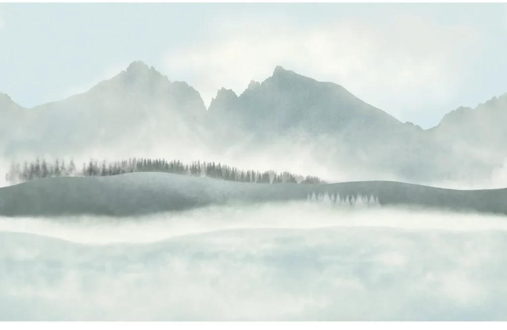 Aravis von Casamance zeigt eine ruhige Berglandschaft mit dunklen Baumreihen und hellen Nebelschichten.
