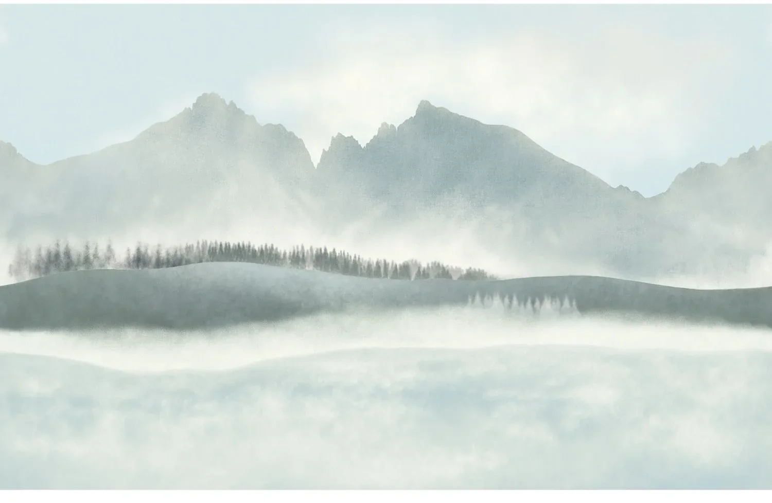 Aravis von Casamance zeigt eine ruhige Berglandschaft mit dunklen Baumreihen und hellen Nebelschichten.