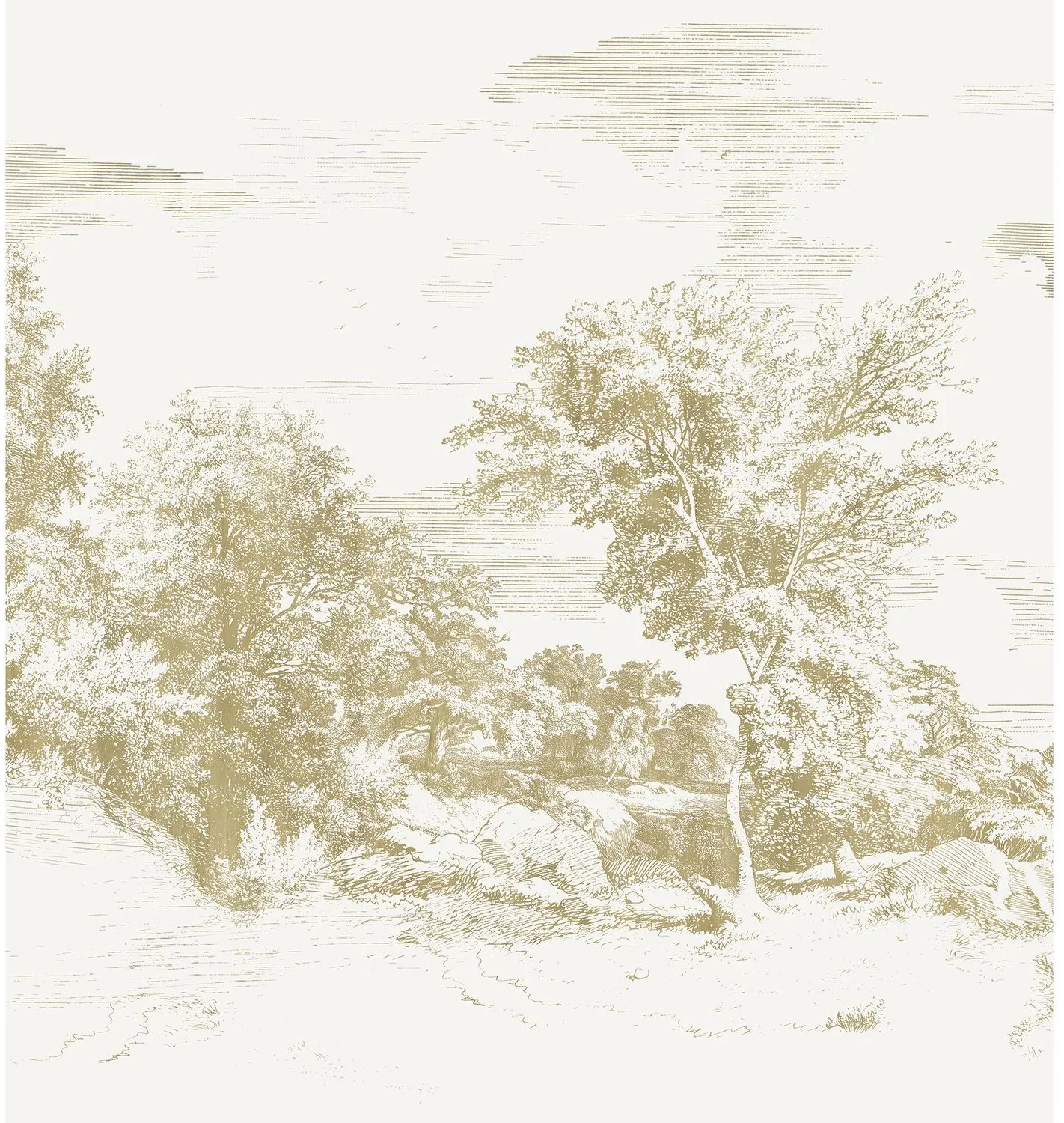 Jouvence von Casamance mit einer zart gezeichneten Baumlandschaft in Beige und Goldtönen auf hellem Grund.