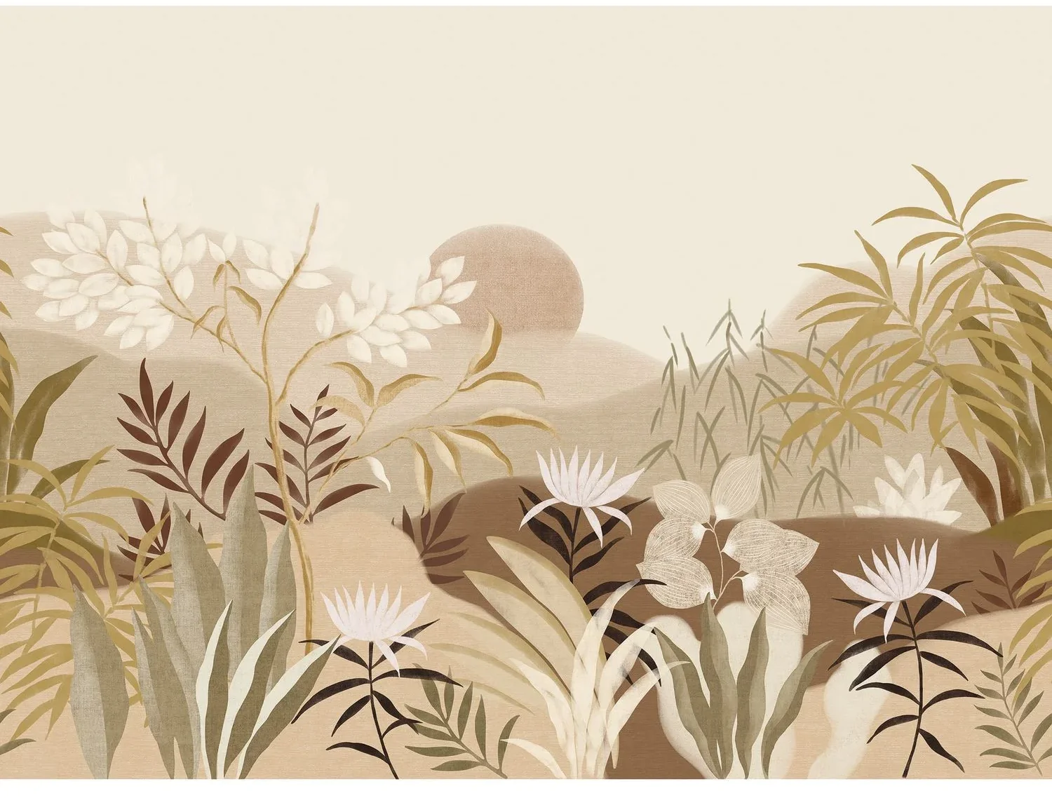 Néloé von Casamance mit stilisierten Blüten, Blättern und Gräsern in ruhigen Beige- und Brauntönen.