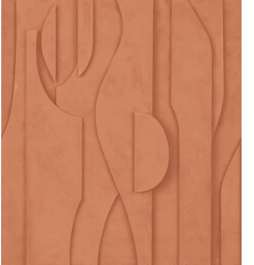 Stuc von Casamance mit großen, reliefartig wirkenden Formen in warmem Terrakotta.