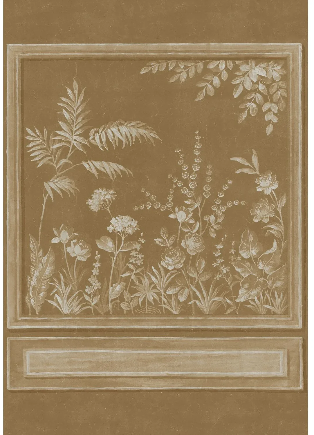 Trianon Métal von Casamance mit hellen Pflanzenzeichnungen und einem Rahmenmotiv vor goldbraunem Hintergrund.